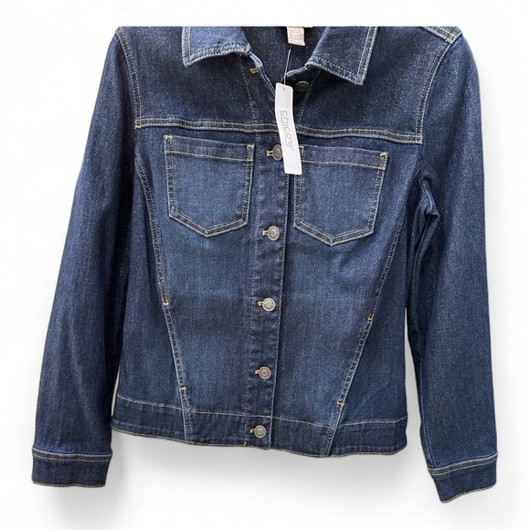 Chico’s Shimmer Denim Dark Blue Jacket Sparkles Four Pockets Size 0 (Size S) NWT - Picture 2 of 6